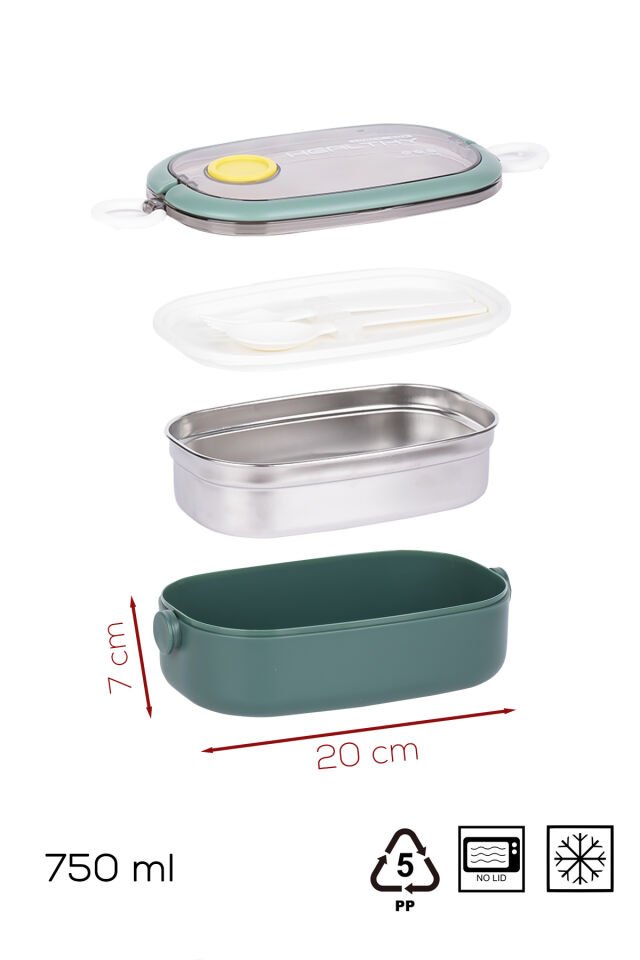 Posima 3114-2 Stainless Steel Vakumlu Lunch Box Tek Katlı Paslanmaz Çelik Kolay Kilitlenir Kendinden Kaşıklı Sefer Tası – 750ml Yeşil
