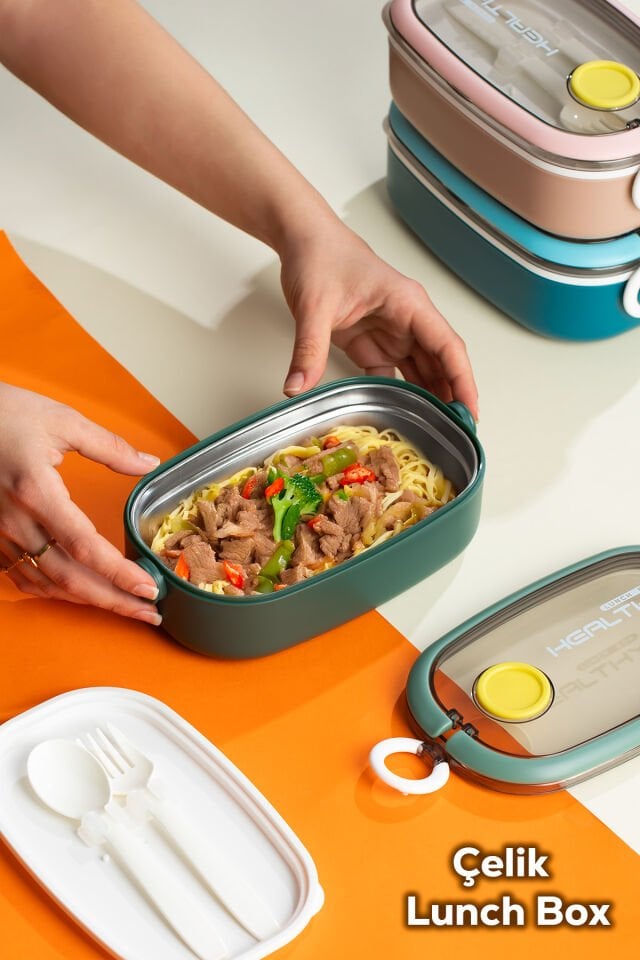 Posima 3114-2 Stainless Steel Vakumlu Lunch Box Tek Katlı Paslanmaz Çelik Kolay Kilitlenir Kendinden Kaşıklı Sefer Tası – 750ml Yeşil