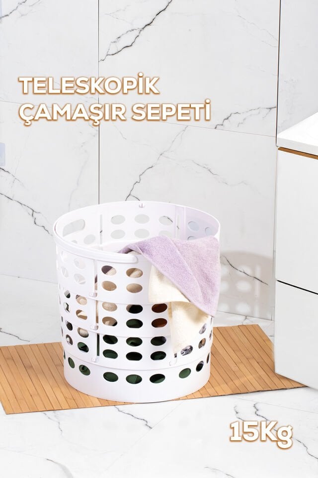 Porsima 25100 Teleskopik Katlanır Sepet Katlanabilir Çamaşır Sepeti Orta Boy Katlanır Çamaşır Sepeti Beyaz 15LT