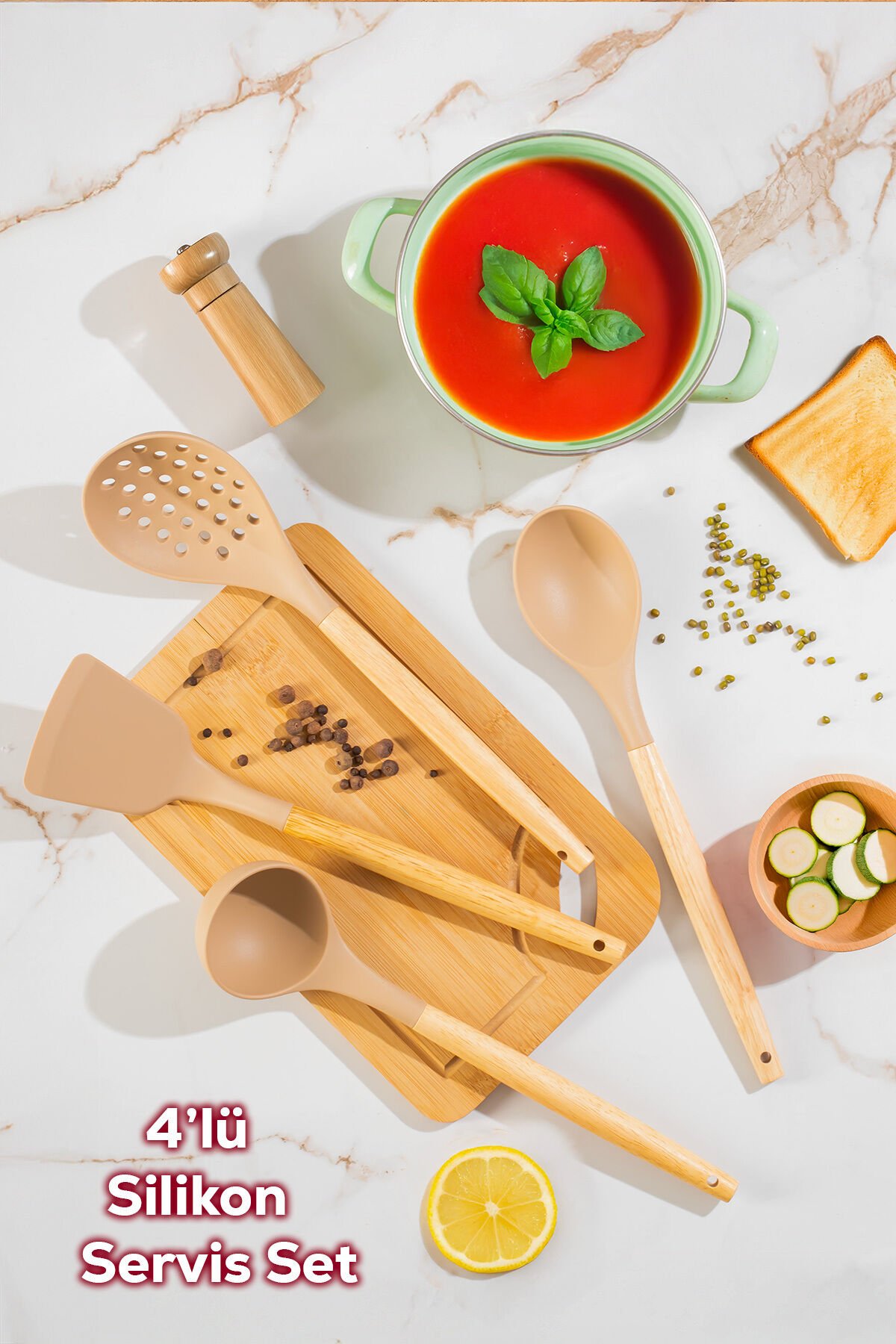 Porsima 3167 Bambu Ahşap Saplı Silikon 4 Parça Servis Takımı Seti Kapicino