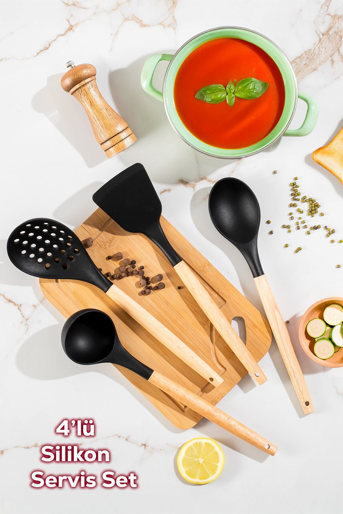 Porsima 3168 Bambu Ahşap Saplı Silikon 4 Parça Servis Takımı Seti Siyah