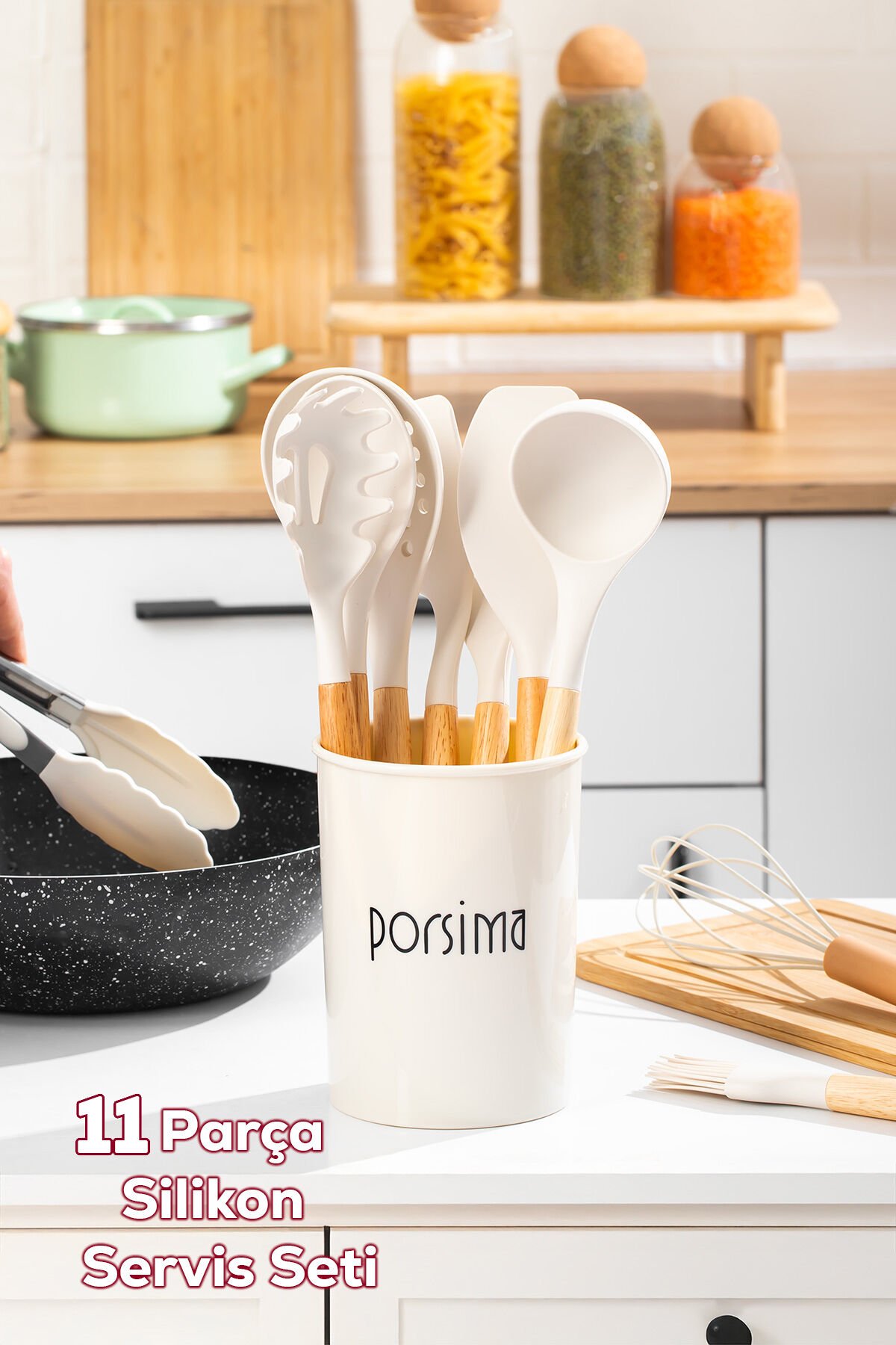 Porsima 3163 Standlı Bambu Ahşap Saplı Silikon 11 Parça Servis Takımı Seti Beyaz
