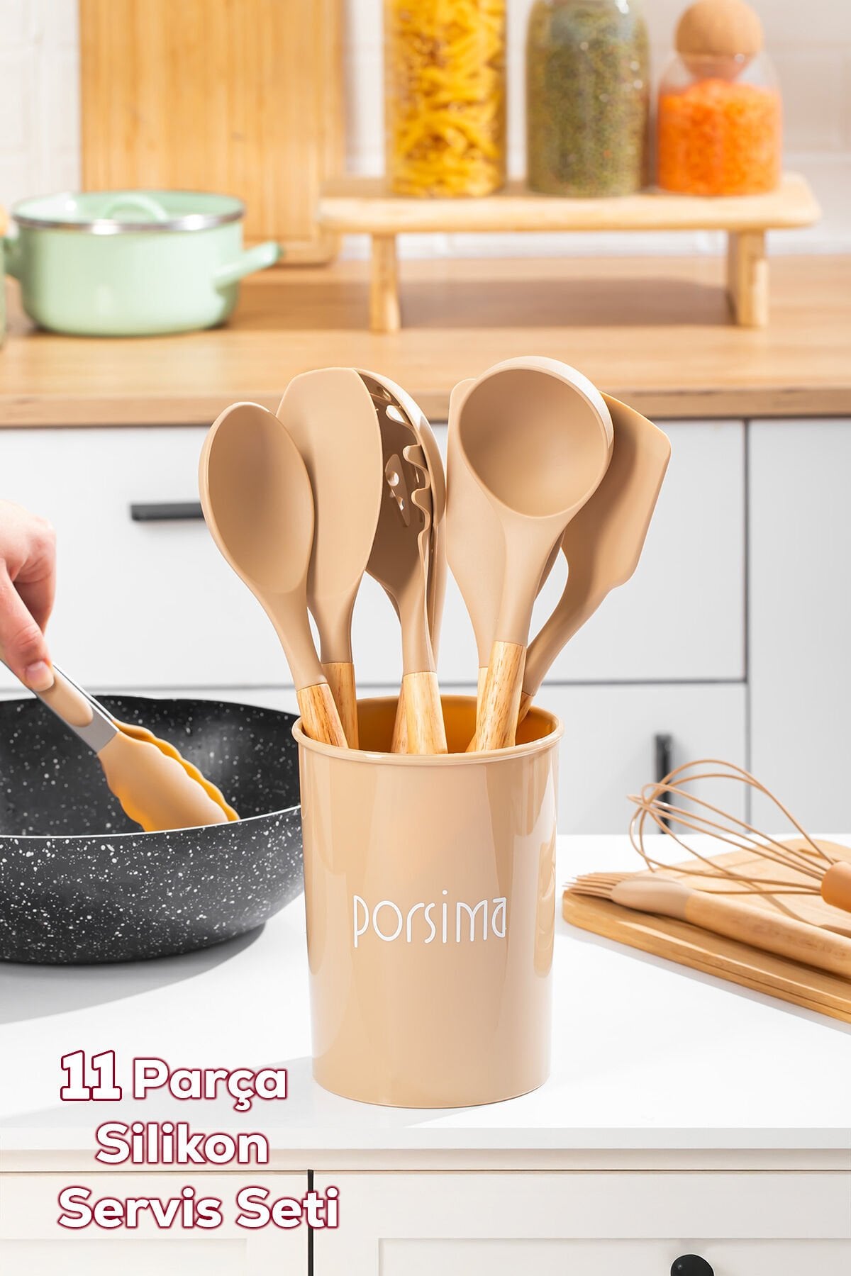 Porsima 3164 Standlı Bambu Ahşap Saplı Silikon 11 Parça Servis Takımı Seti Kapicino