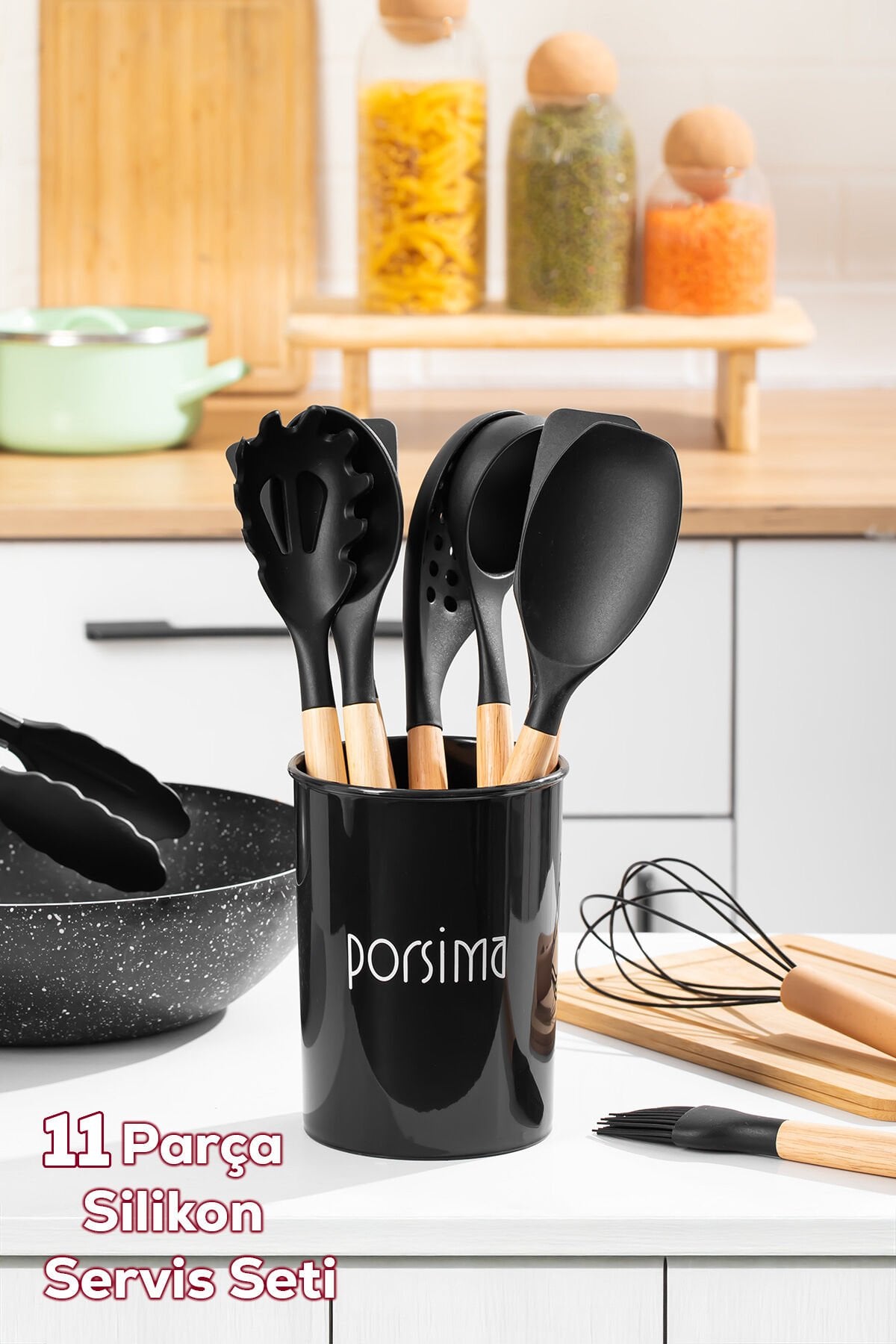 Porsima 3165 Standlı Bambu Ahşap Saplı Silikon 11 Parça Servis Takımı Seti Siyah