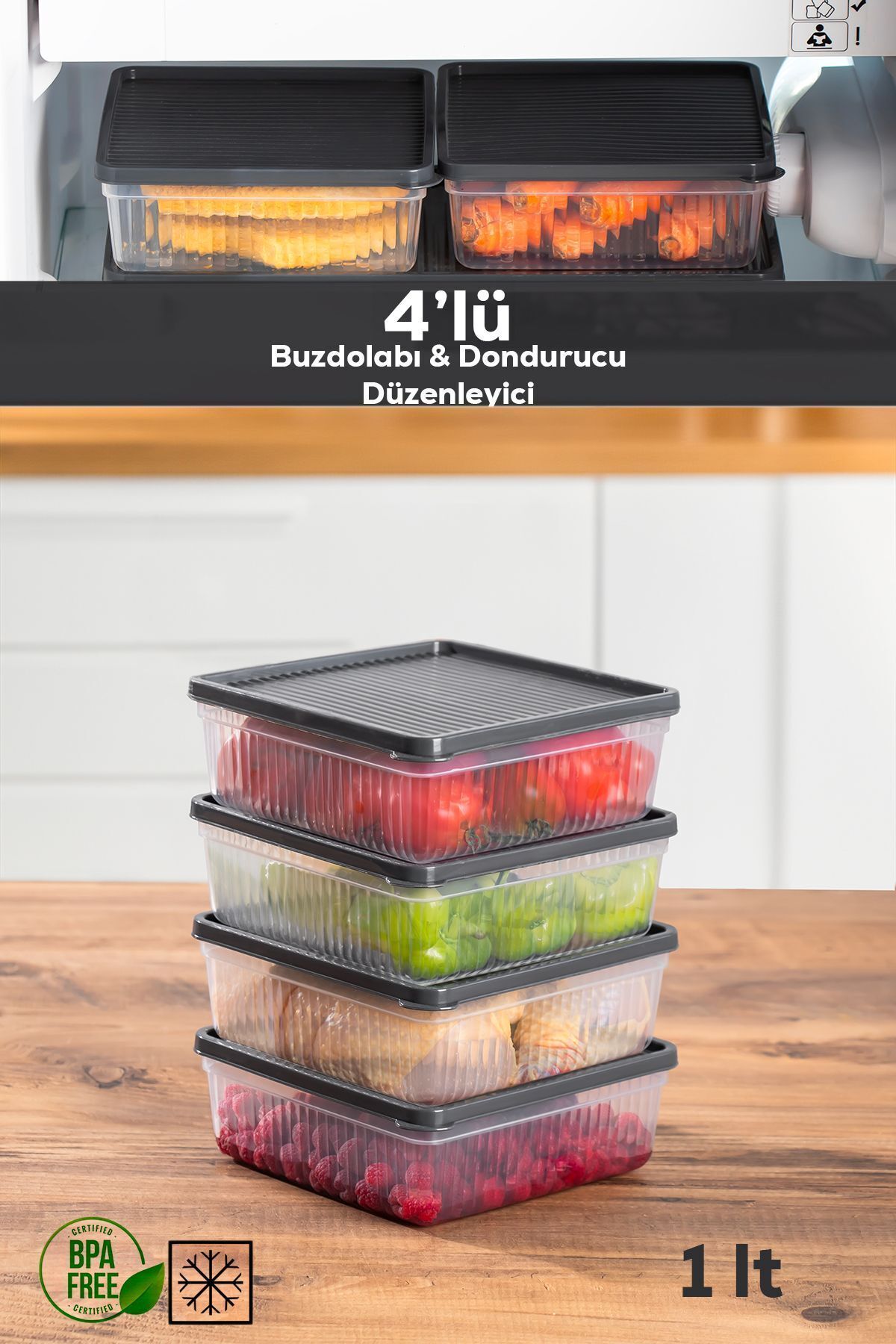 Porsima 1169 4lü Buzdolabı Organizer Mikrodalga Ve Derin Dondurucuya Buzluk Bakliyat Saklama Kabı - Antrasit