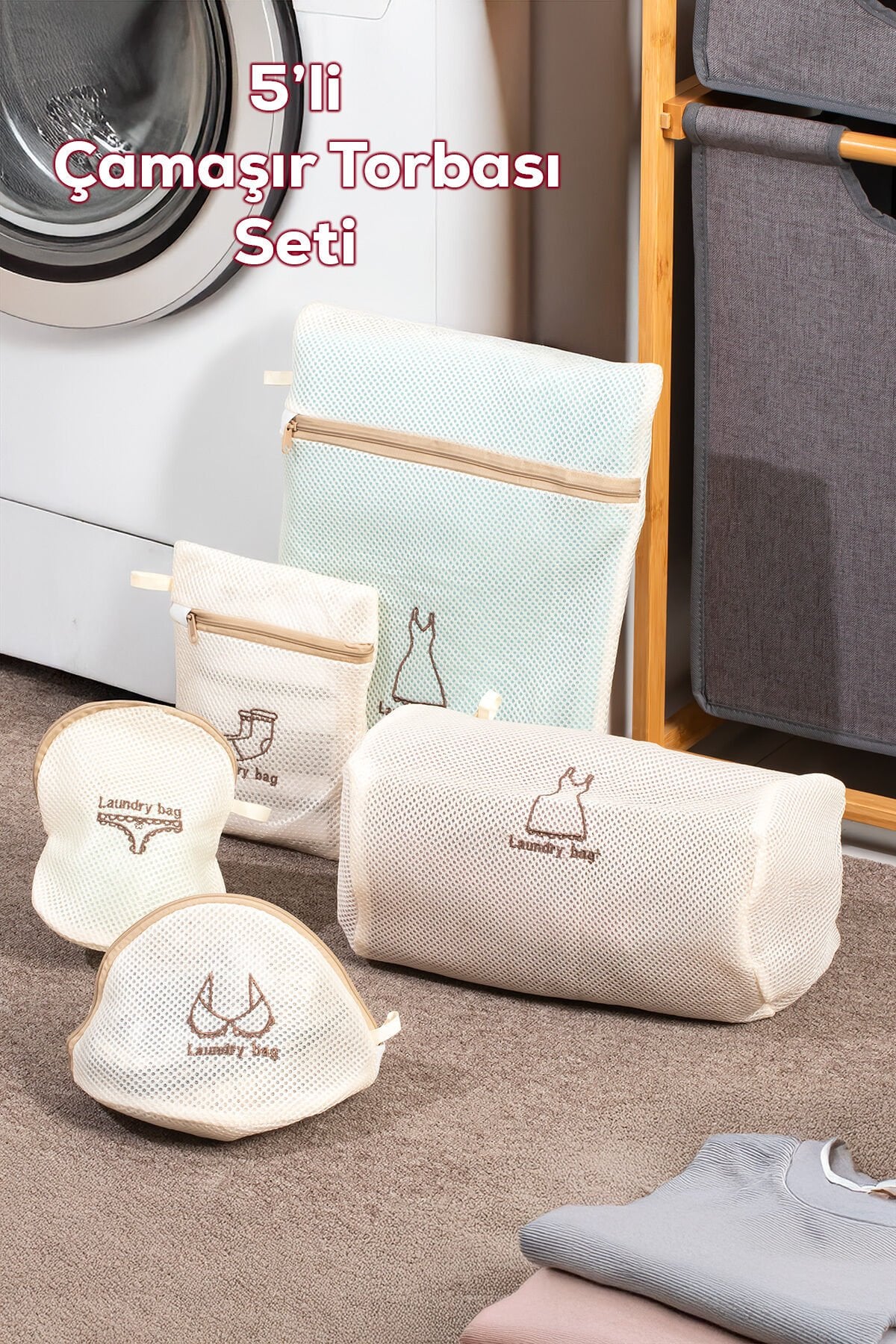Porsima 3131 5 Parça Çamaşır Yıkama Filesi Fermuarlı Bölmeli Ayakkabı Yıkama Filesi Deforme Önleyici Torba