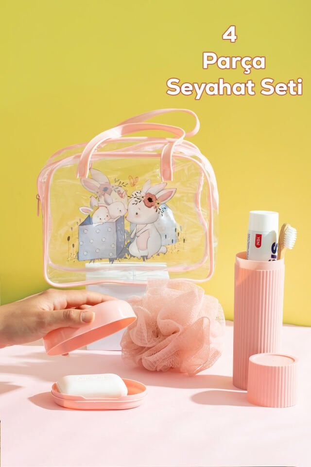 Porsima 3143 Tavşan Figürlü Seyahat Seti - Diş Fırçası Kutusu Banyo Lifi Sabun Kutusu Seyahat Çantası Pembe