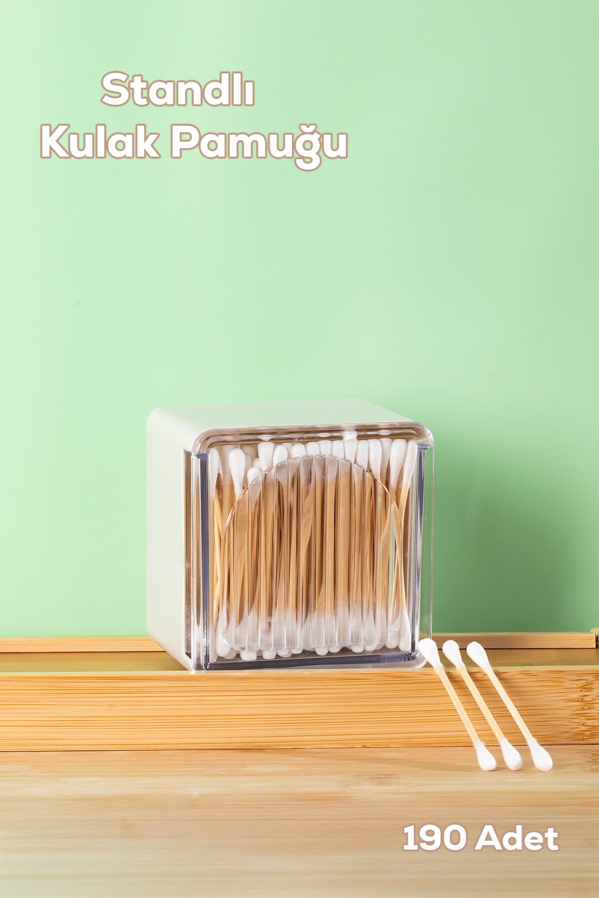 Porsima 3134 Doğal Ahşap Bambu Saplı Standlı Kulak Temizleme Çubuğu Seti- 190 Adet