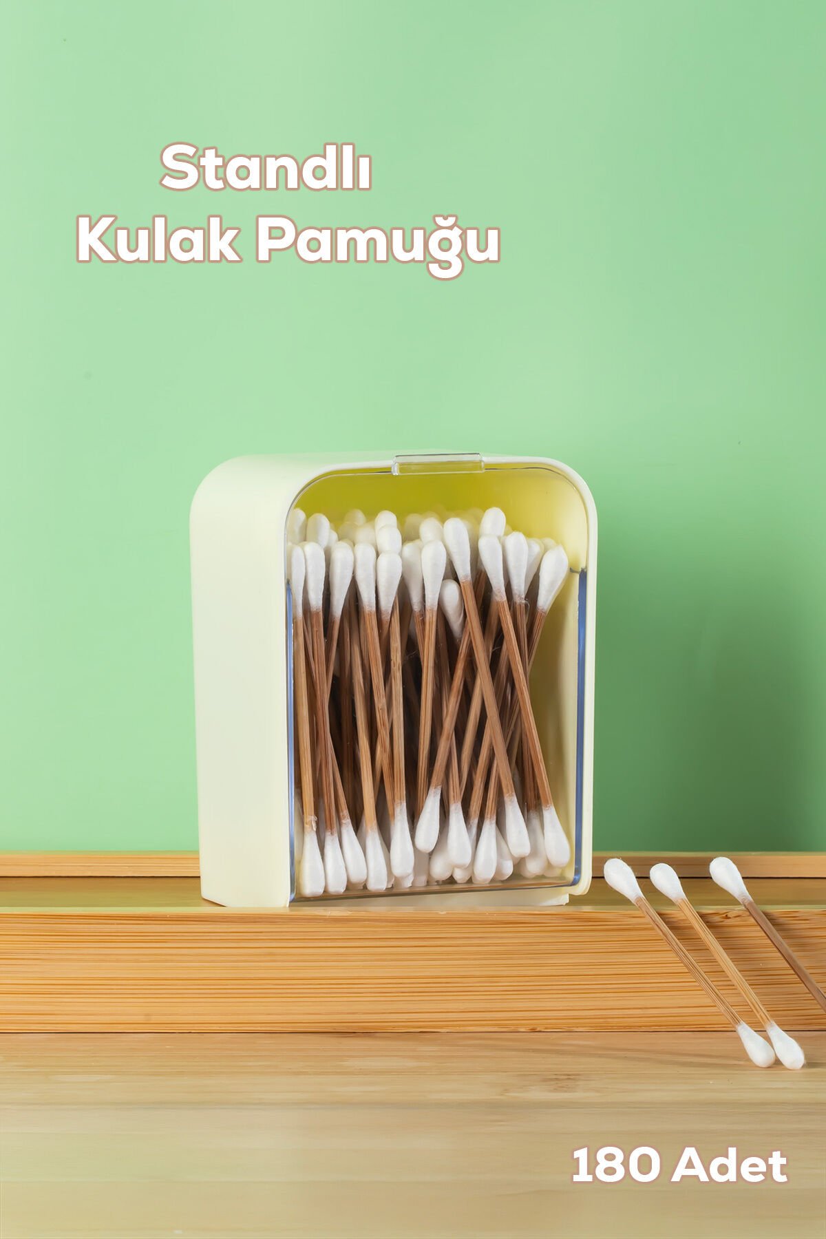 Porsima 3135 Doğal Ahşap Bambu Saplı Standlı Kulak Temizleme Çubuğu Seti- 180 Adet