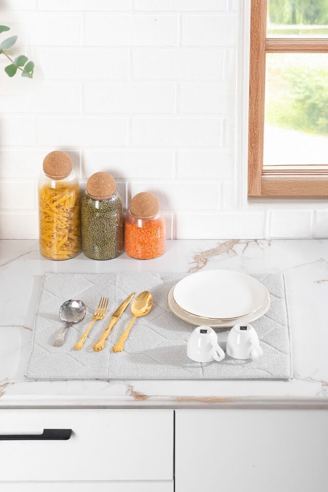 Porsima 3139 2li Mikrofiber Bulaşık Kurulama Matı Kurutma Örtüsü Tezgah Üstü Süper Emici Gri 38*51 cm