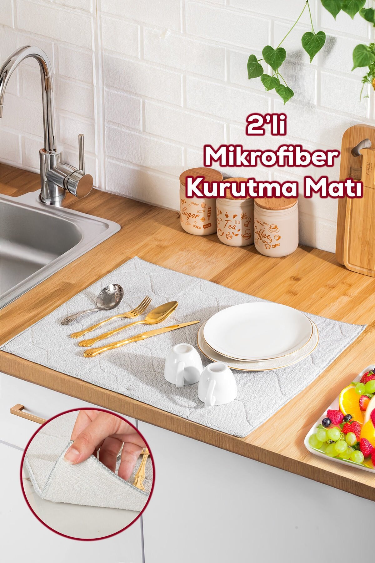 Porsima 3139 2li Mikrofiber Bulaşık Kurulama Matı Kurutma Örtüsü Tezgah Üstü Süper Emici Gri 38*51 cm