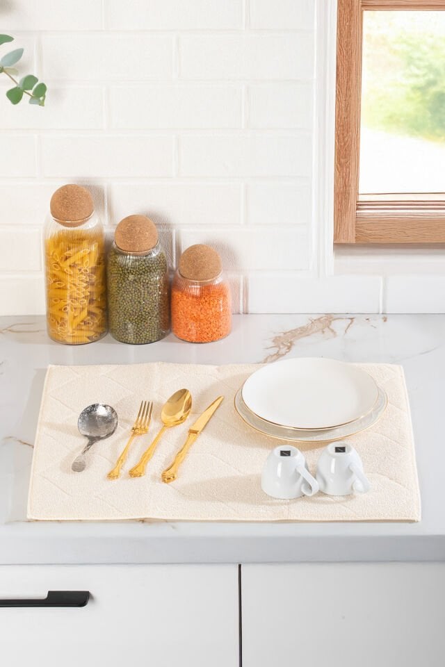 Porsima 3139-1 2li Mikrofiber Bulaşık Kurulama Matı Kurutma Örtüsü Tezgah Üstü Süper Emici Krem 38*51 cm