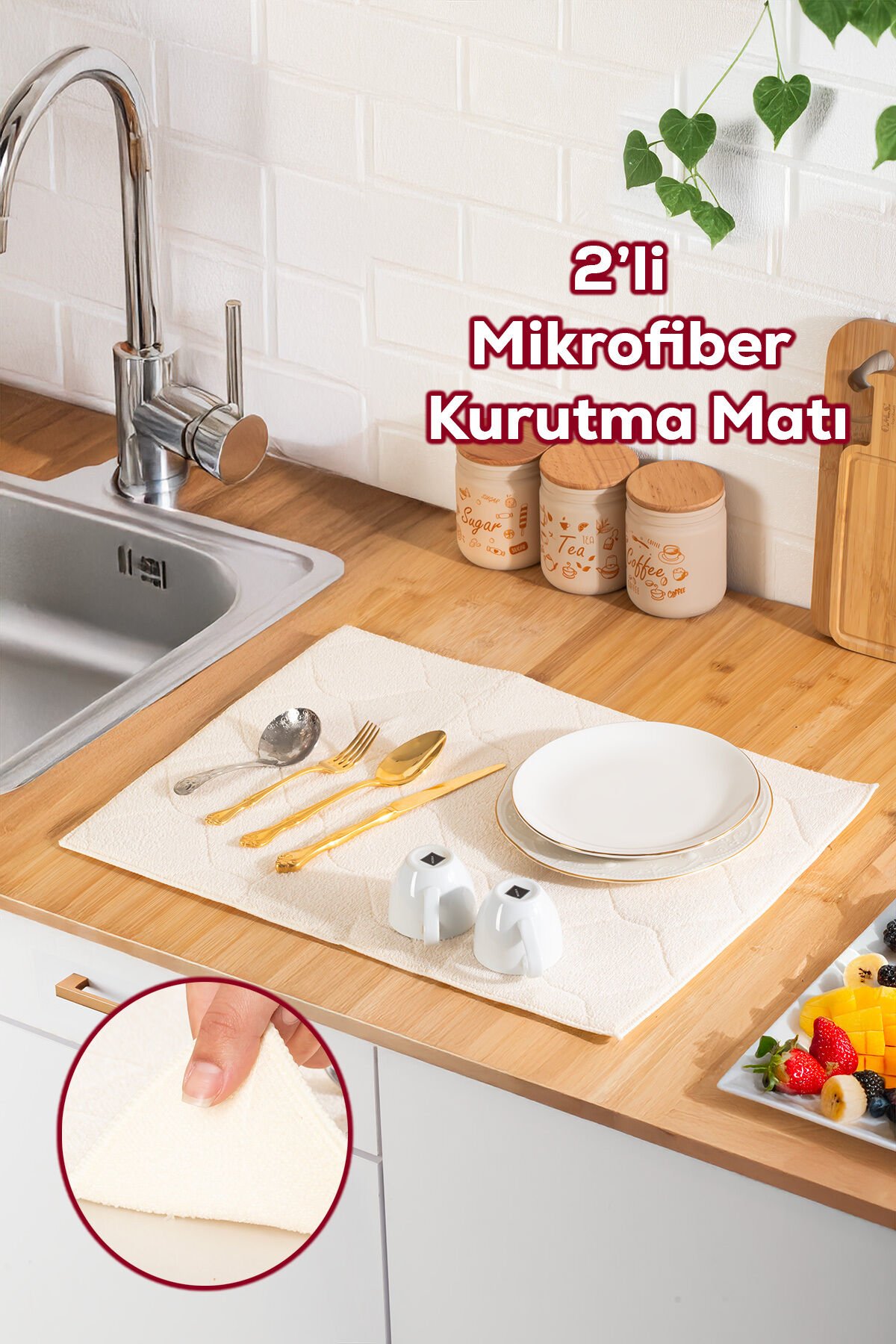 Porsima 3139-1 2li Mikrofiber Bulaşık Kurulama Matı Kurutma Örtüsü Tezgah Üstü Süper Emici Krem 38*51 cm