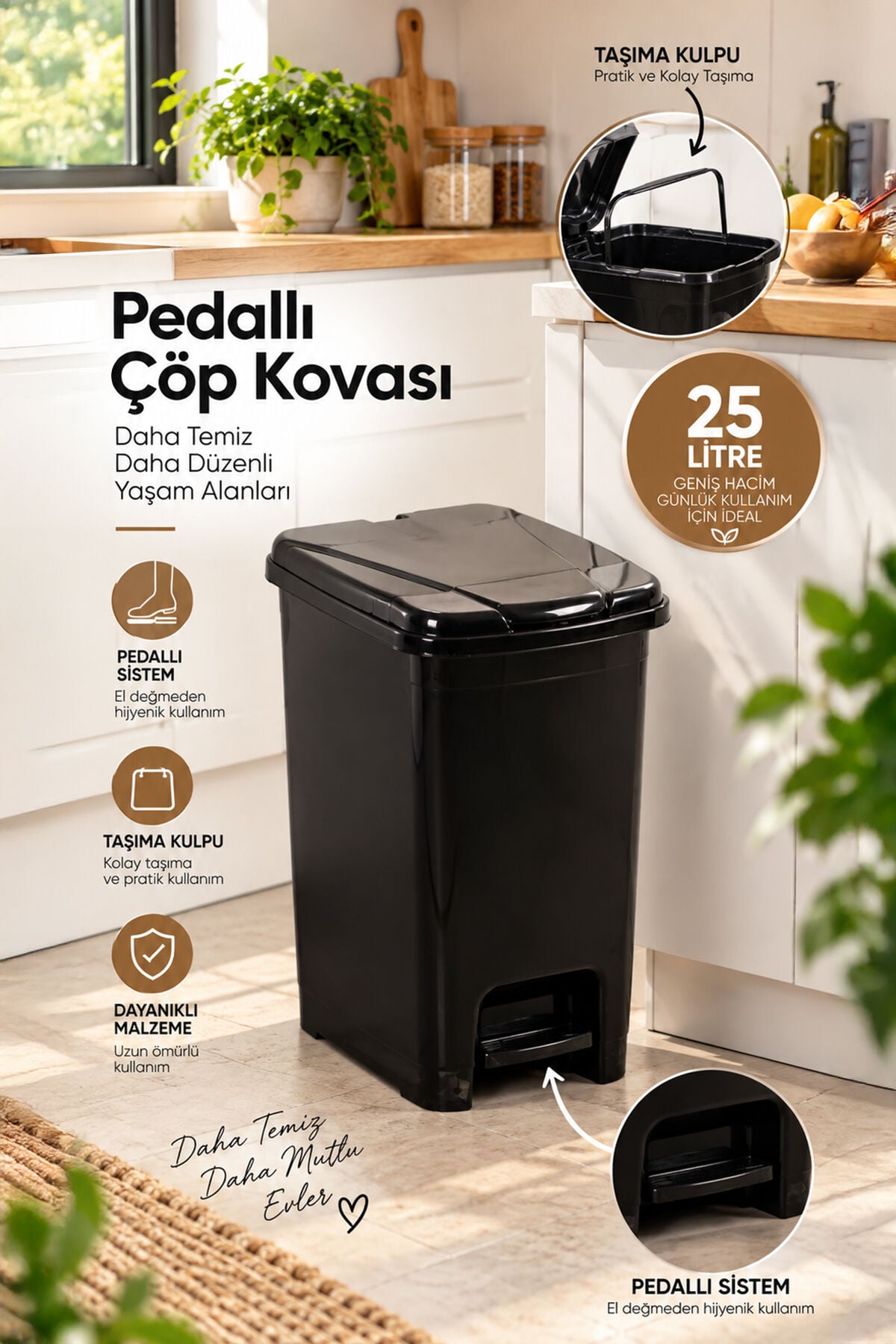 Porsima 0131-1 Slim Pedallı Çöp Kovası 25 Lt Siyah – Taşıma Kulplu İç Kovalı, Mutfak ve Banyo İçin İnce Çöp Kovası