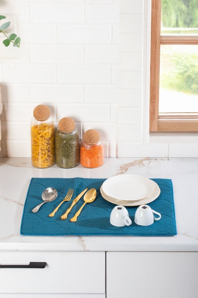 Porsima 3139-2 2li Mikrofiber Bulaşık Kurulama Matı Kurutma Örtüsü Tezgah Üstü Süper Emici Mavi 38*51 cm