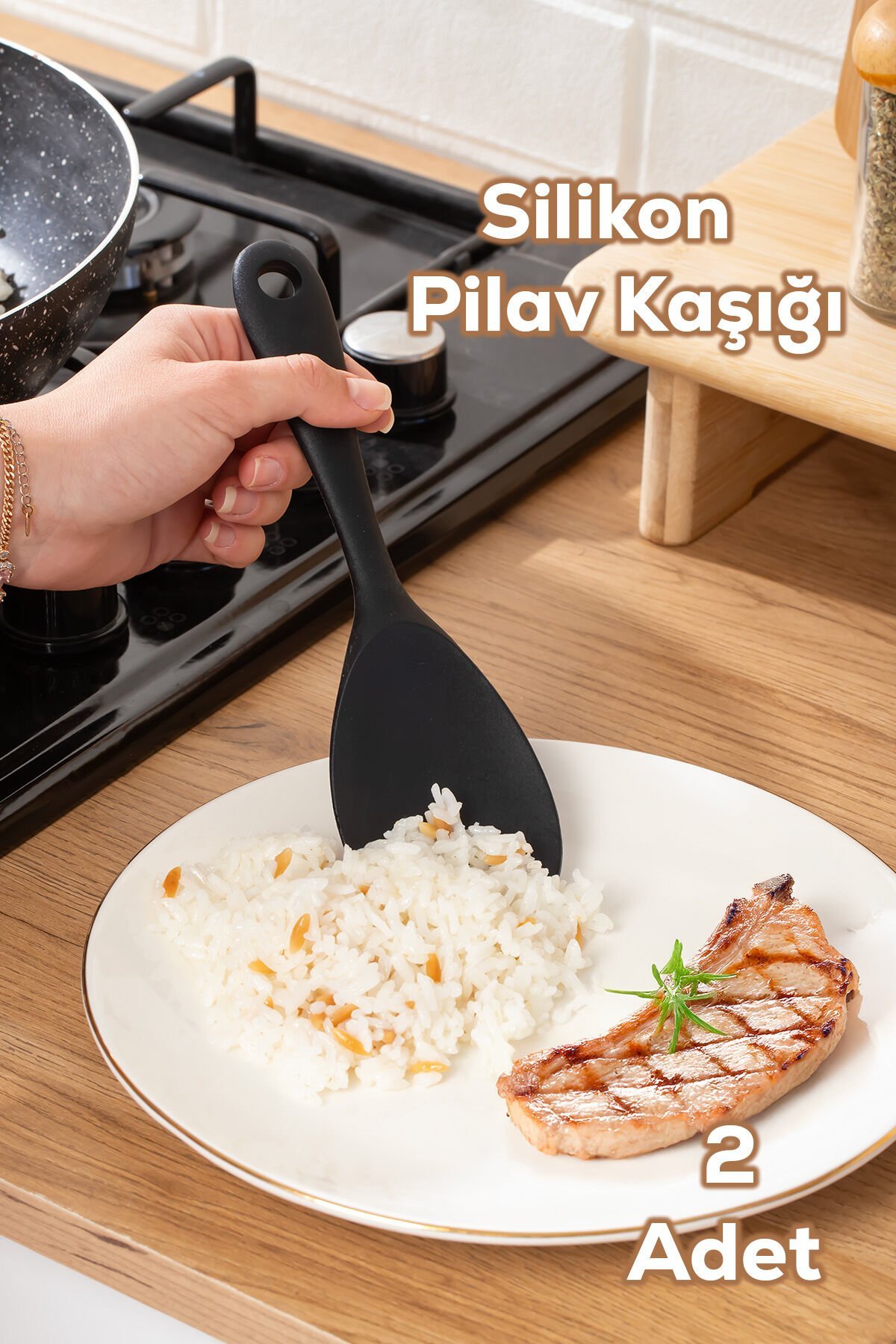 Porsima 5262 Sert Uçlu Silikon Pilav Kaşığı Dayanıklı Yanmaz Yapışmaz Çizmez Pilav Kepçe Kaşığı Siyah 2 Adet 22cm