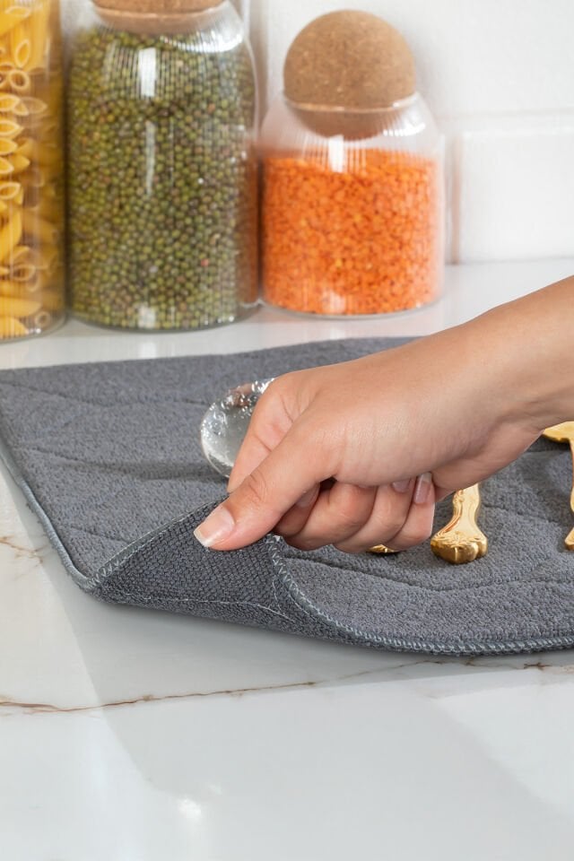 Porsima 3139-3 2li Mikrofiber Bulaşık Kurulama Matı Kurutma Örtüsü Tezgah Üstü Süper Emici Antrasit 38*51 cm