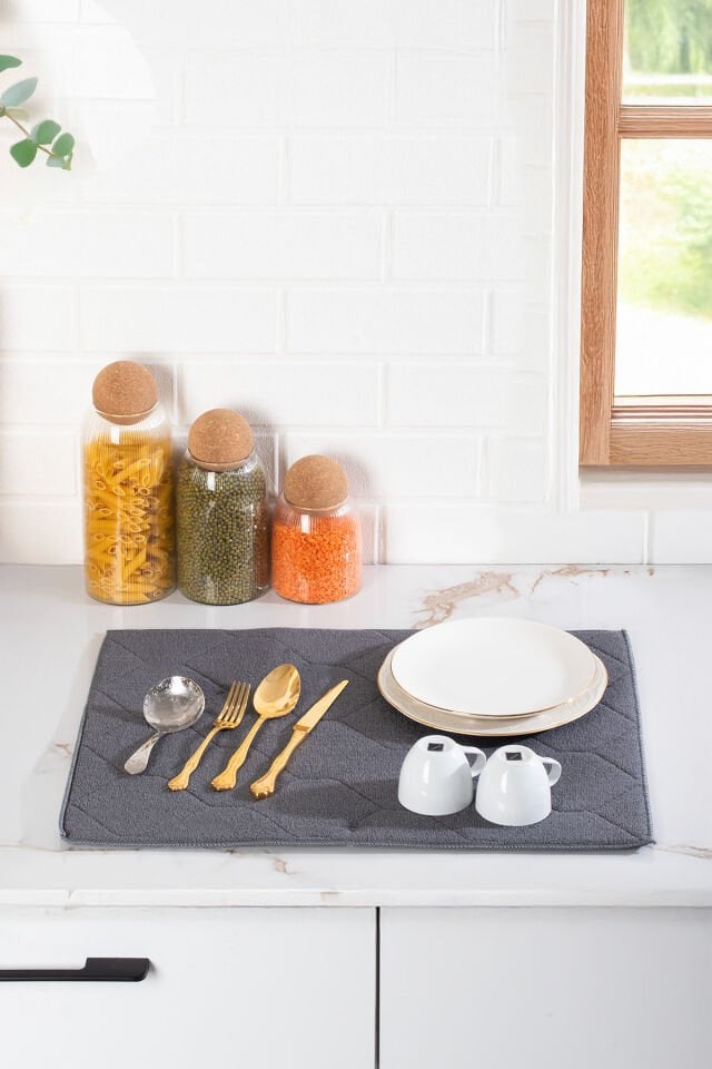 Porsima 3139-3 2li Mikrofiber Bulaşık Kurulama Matı Kurutma Örtüsü Tezgah Üstü Süper Emici Antrasit 38*51 cm