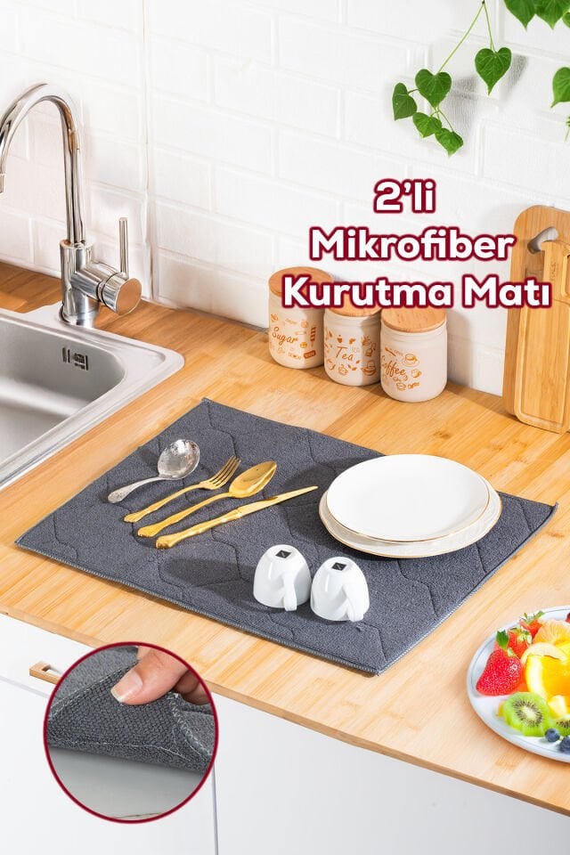 Porsima 3139-3 2li Mikrofiber Bulaşık Kurulama Matı Kurutma Örtüsü Tezgah Üstü Süper Emici Antrasit 38*51 cm