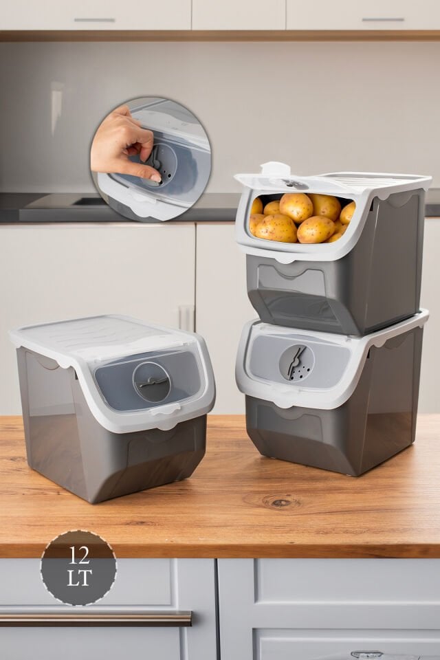 Porsima Coral 3 Lü Çok Amaçlı Plastik Patates Soğan Sarımsak Saklama Kutusu 12 Litre