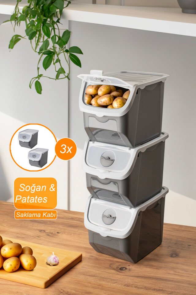 Porsima Coral 3 Lü Çok Amaçlı Plastik Patates Soğan Sarımsak Saklama Kutusu 12 Litre