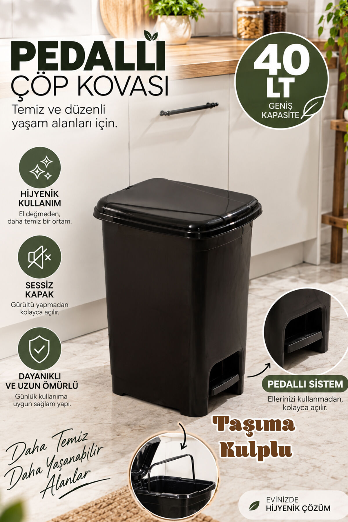 Porsima 0122-1 Slim Pedallı Çöp Kovası 40 LT Siyah – Taşınabilir Taşıma Kulplu Büyük Boy Mutfak Çöp Kovası