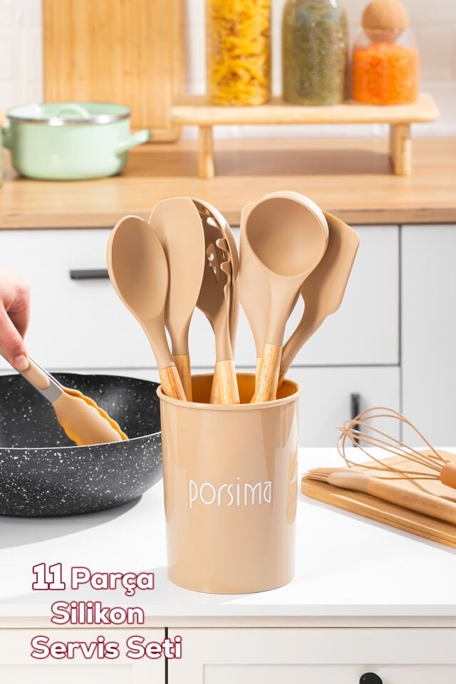 Porsima 3164 Metal Standlı Ahşap Silikon 11 Parça Servis Takımı Seti Kapicino
