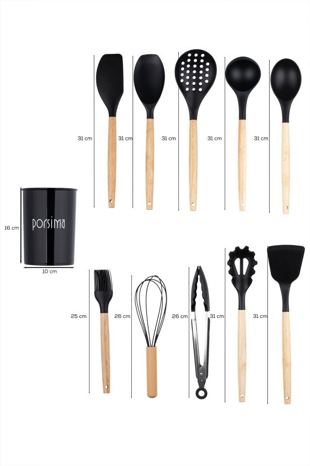 Porsima 3165 Metal Standlı Ahşap Silikon 11 Parça Servis Takımı Seti Siyah