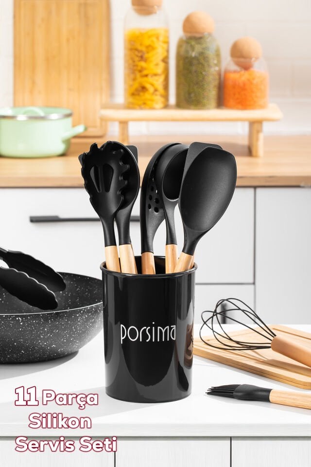 Porsima 3165 Metal Standlı Ahşap Silikon 11 Parça Servis Takımı Seti Siyah