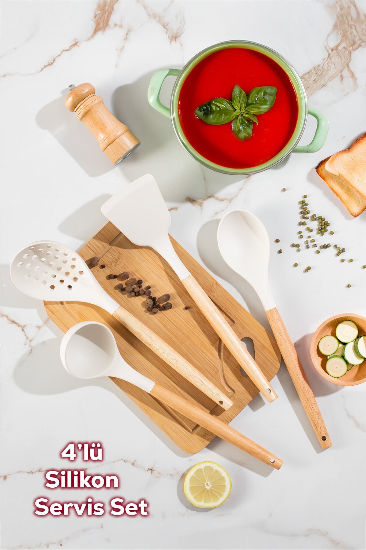 Porsima 3166 Ahşap Silikon 4 Parça Servis Takımı Seti Beyaz