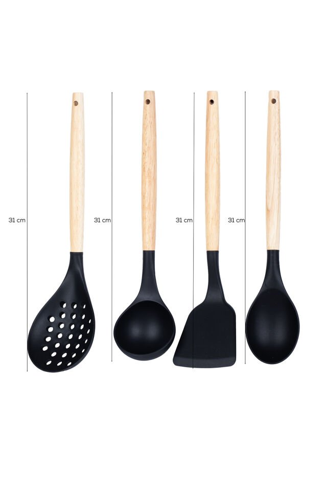 Porsima 3168 Ahşap Silikon 4 Parça Servis Takımı Seti Siyah