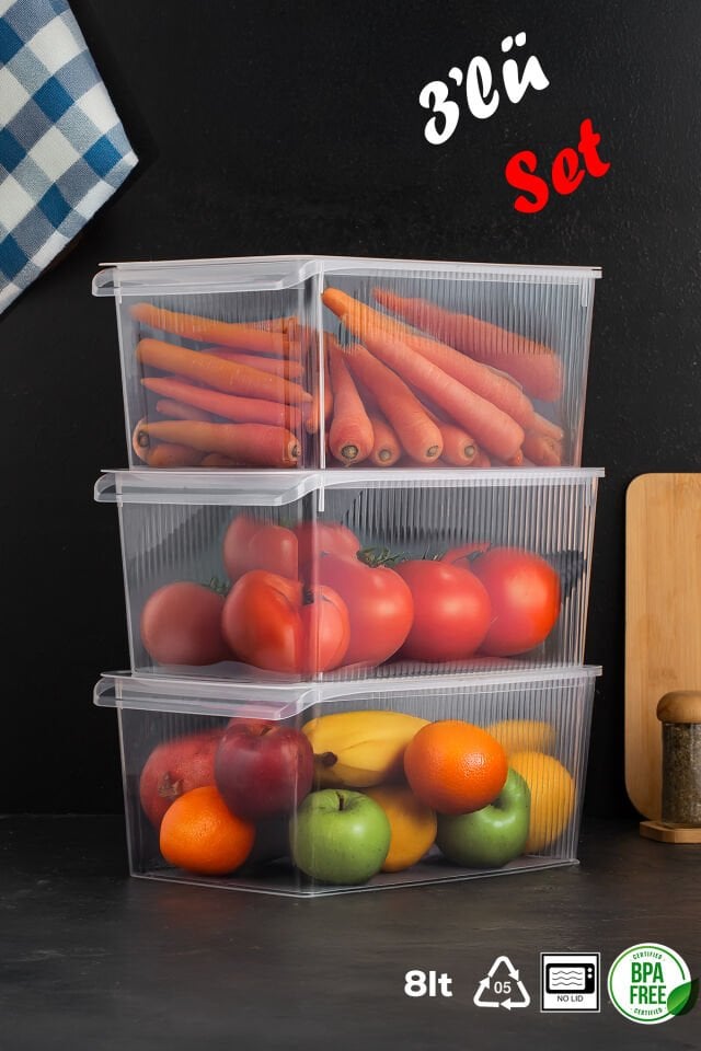 Porsima 3185 3 Adet Kapaklı Dolap İçi ve Buzdolabı İçi Düzenleyici Banyo Mutfak Organizeri 8 Litre