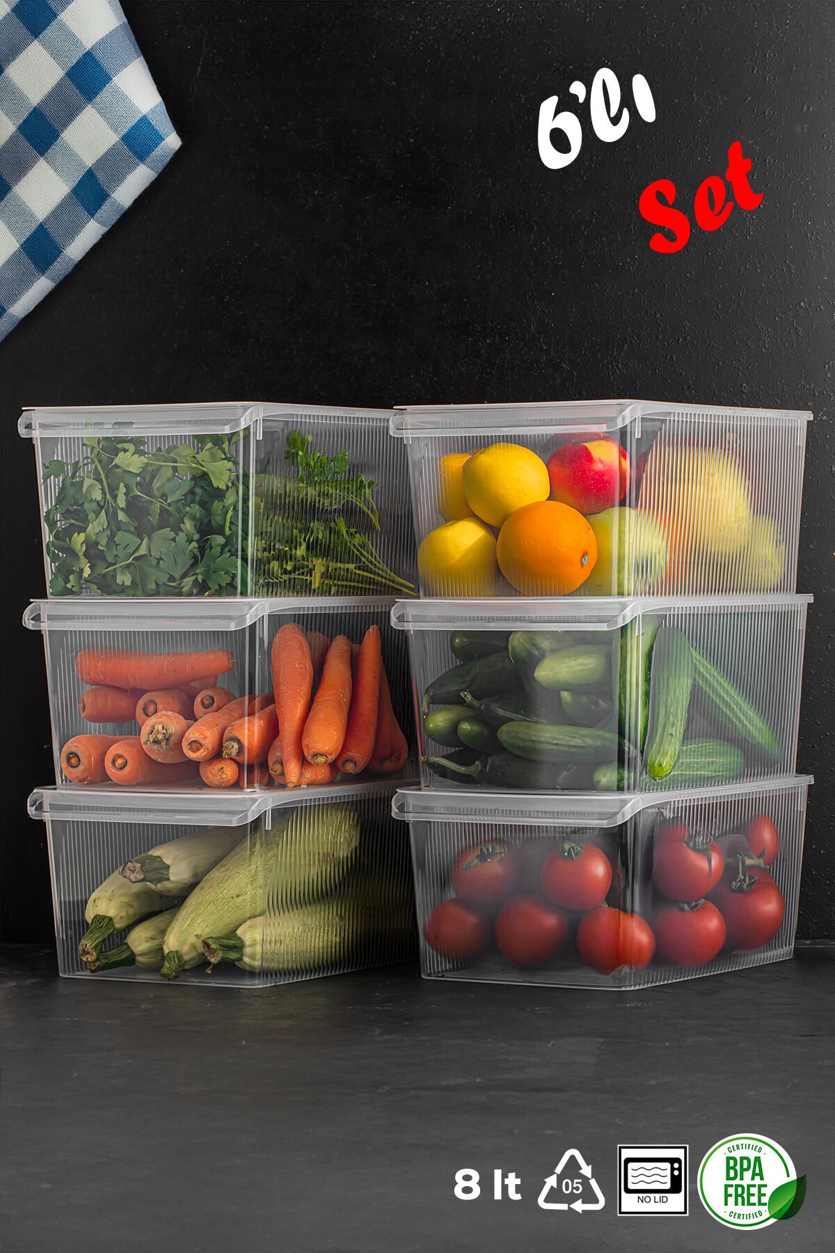 Porsima 3185 6'lı Kapaklı Dolap İçi ve Buzdolabı İçi Düzenleyici Banyo Mutfak Organizeri 8 Litre