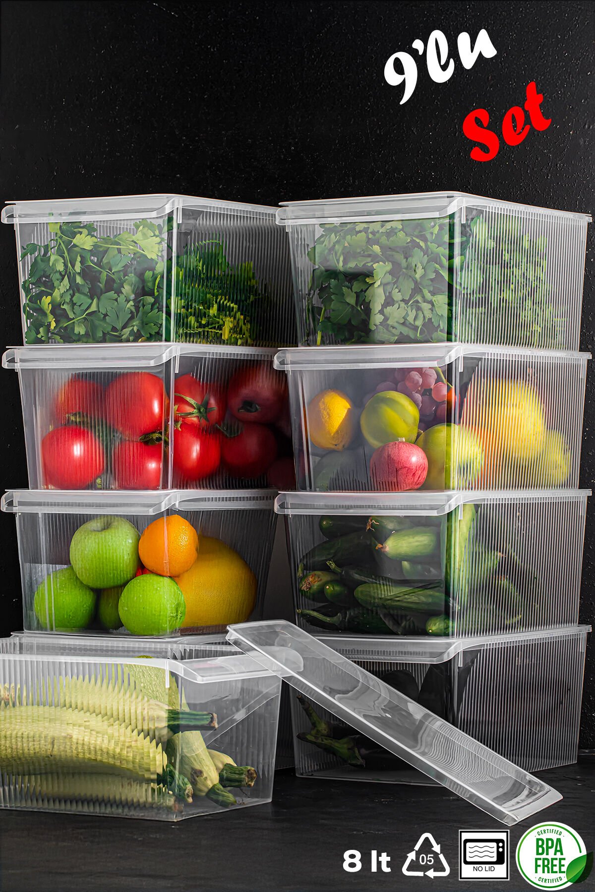 Porsima 3185 9 Adet Kapaklı Dolap İçi ve Buzdolabı İçi Düzenleyici Banyo Mutfak Organizeri 8 Litre