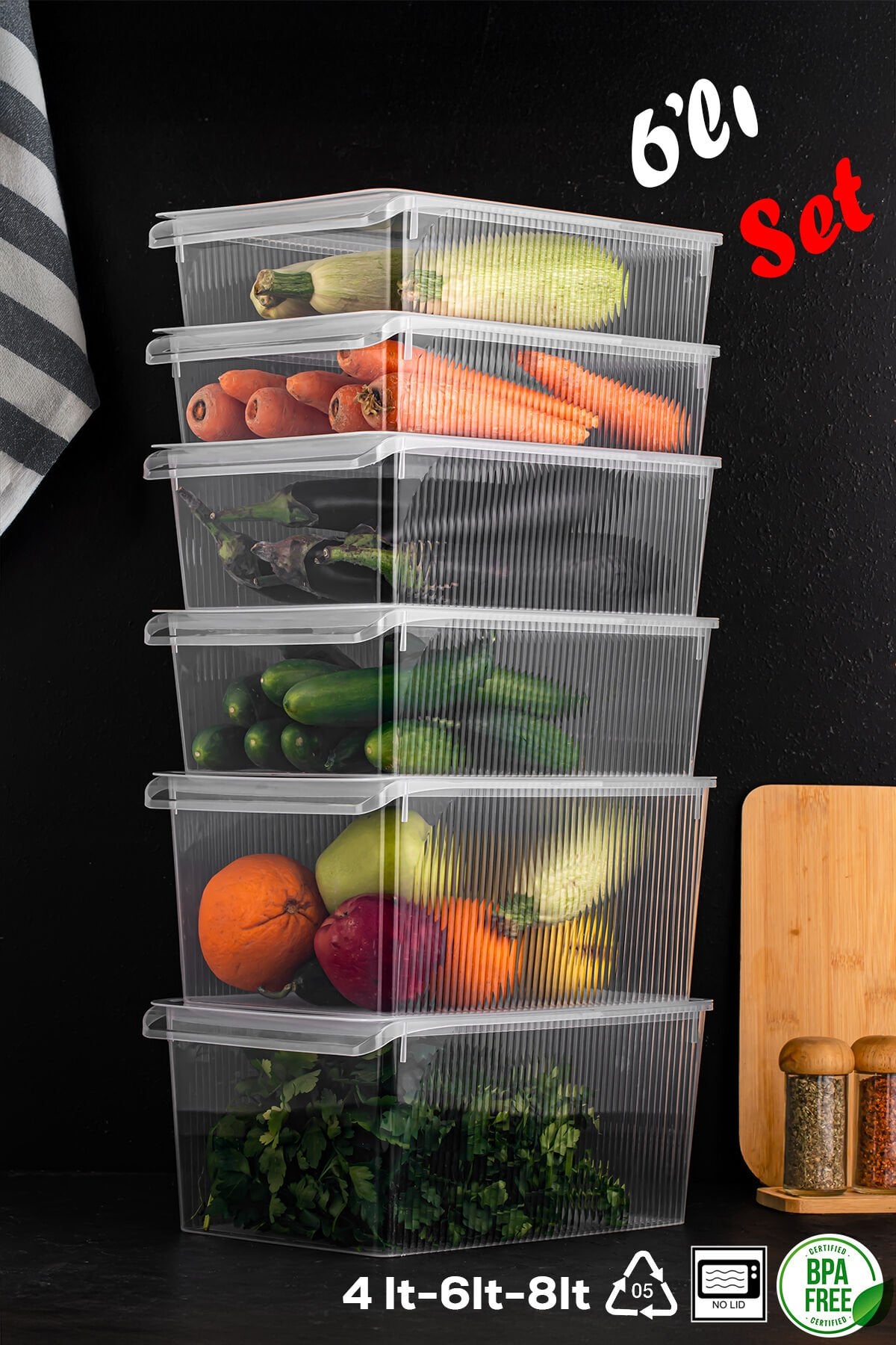 Porsima 6'lı Kapaklı Dolap İçi ve Buzdolabı İçi Düzenleyici Banyo Mutfak Organizeri (2 şer adet 4-6-8 Litre)