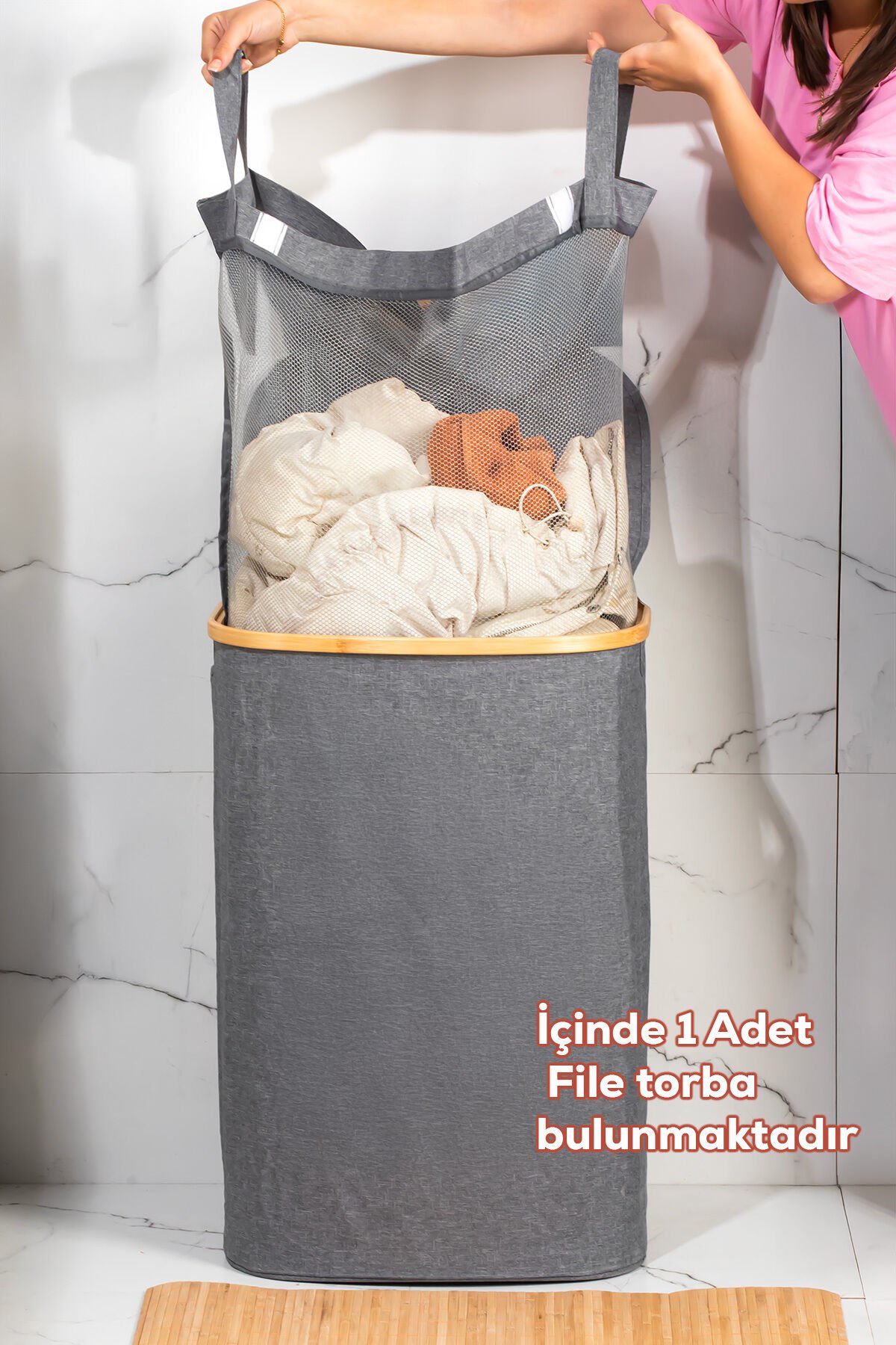 Porsima Mio-101 Bambu Banyo Kirli Çamaşır Sepeti Banyo Düzenleyici Sepet 44X66 cm