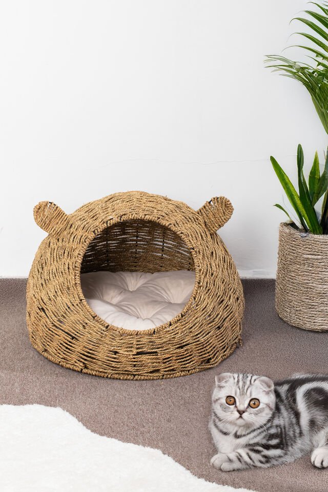 Porsima PH49 Doğal Hasır Örgü Kedi Köpek Yuvası Minderli Kedi Köpek Yatağı 55x40cm