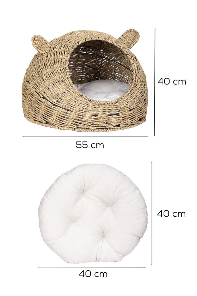 Porsima PH49 Doğal Hasır Örgü Kedi Köpek Yuvası Minderli Kedi Köpek Yatağı 55x40cm