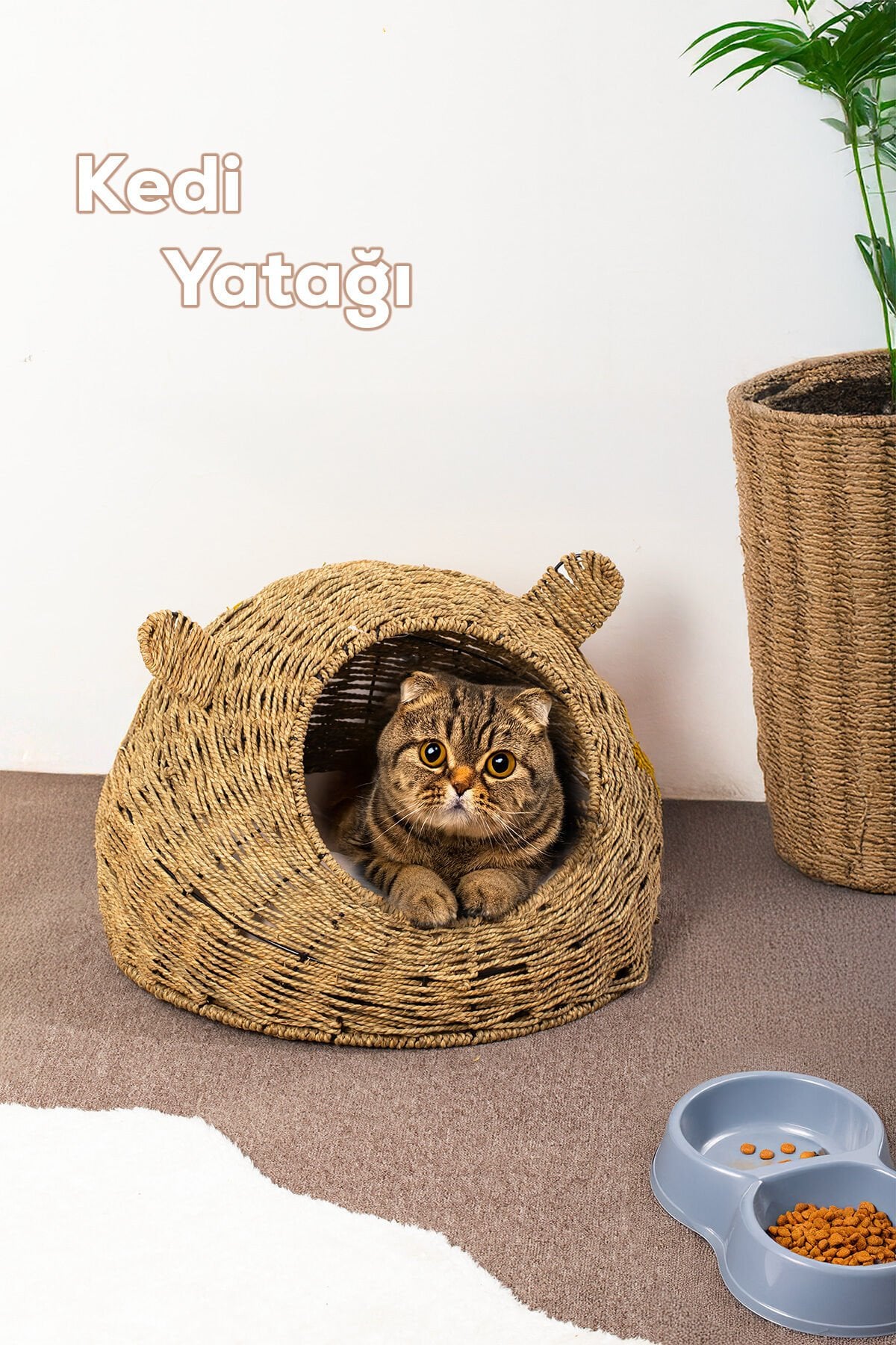 Porsima PH49 Doğal Hasır Örgü Kedi Köpek Yuvası Minderli Kedi Köpek Yatağı 55x40cm