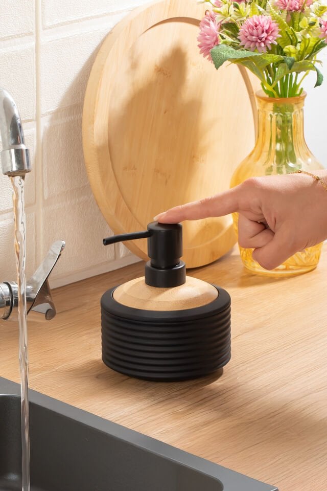 Porsima 3152 Banyo ve Mutfak Sıvı Sabunluk 350ML Siyah-Ahşap