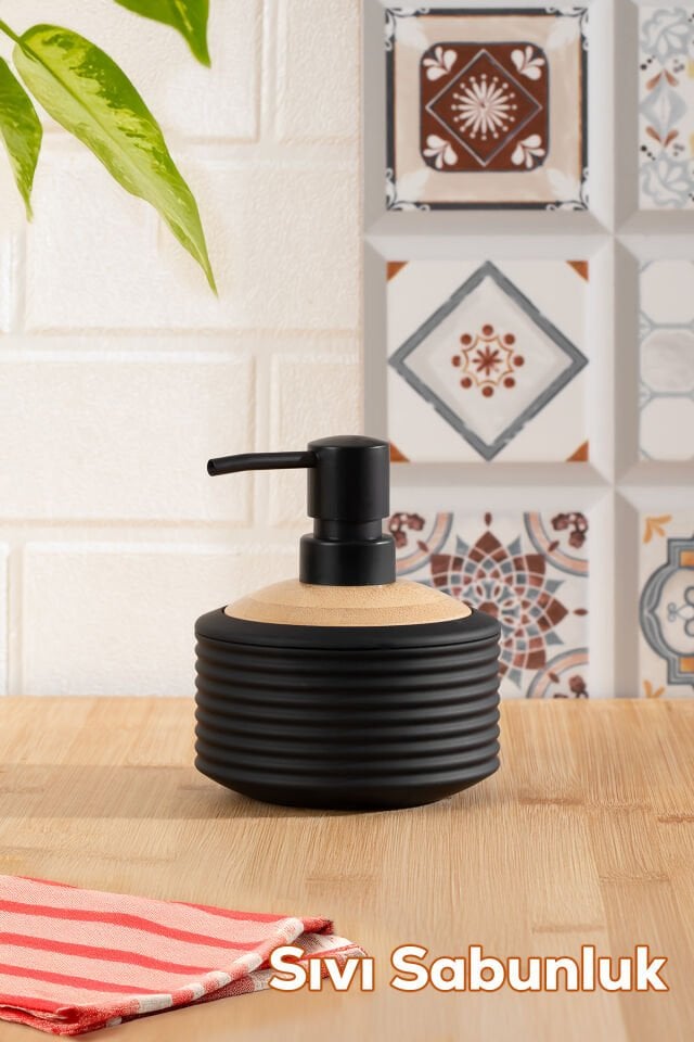 Porsima 3152 Banyo ve Mutfak Sıvı Sabunluk 350ML Siyah-Ahşap
