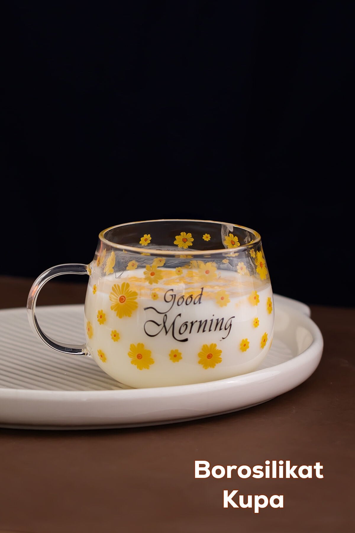 Porsima 2089 Borosilikat Isıya Ateşe Dayanıklı Cam Kulplu Çay Bardağı Kahve Bardak Kupa Sarı 400 ml