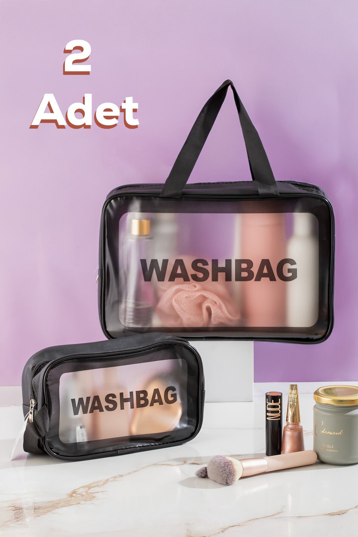 Porsima 2li Şeffaf Seyahat ve Makyaj Çantası Su Geçirmez Organizer Washbag