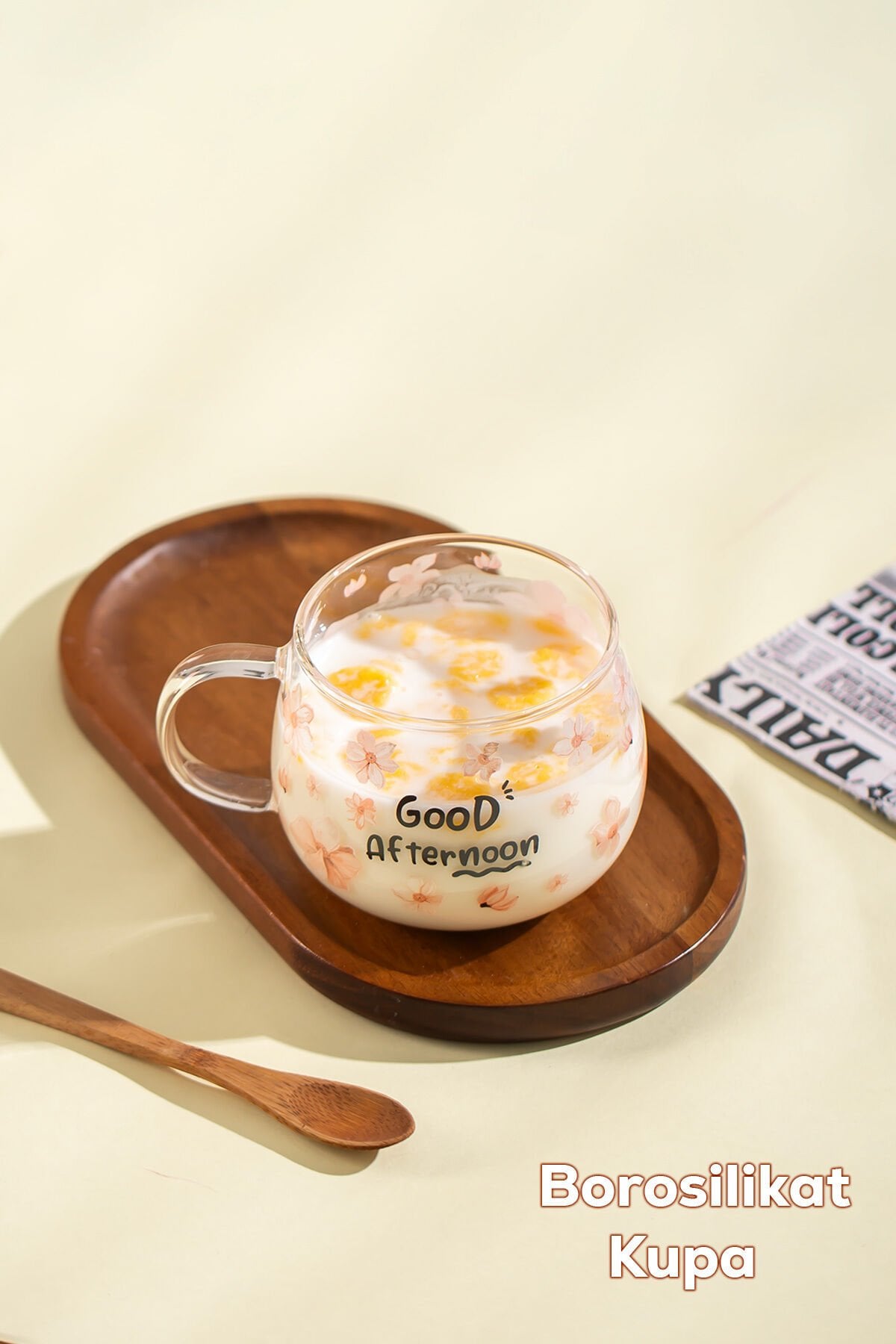 Porsima 2089-1 Borosilikat Isıya Ateşe Dayanıklı Cam Kulplu Çay Bardağı Kahve Bardak Kupa Pembe 400 ml