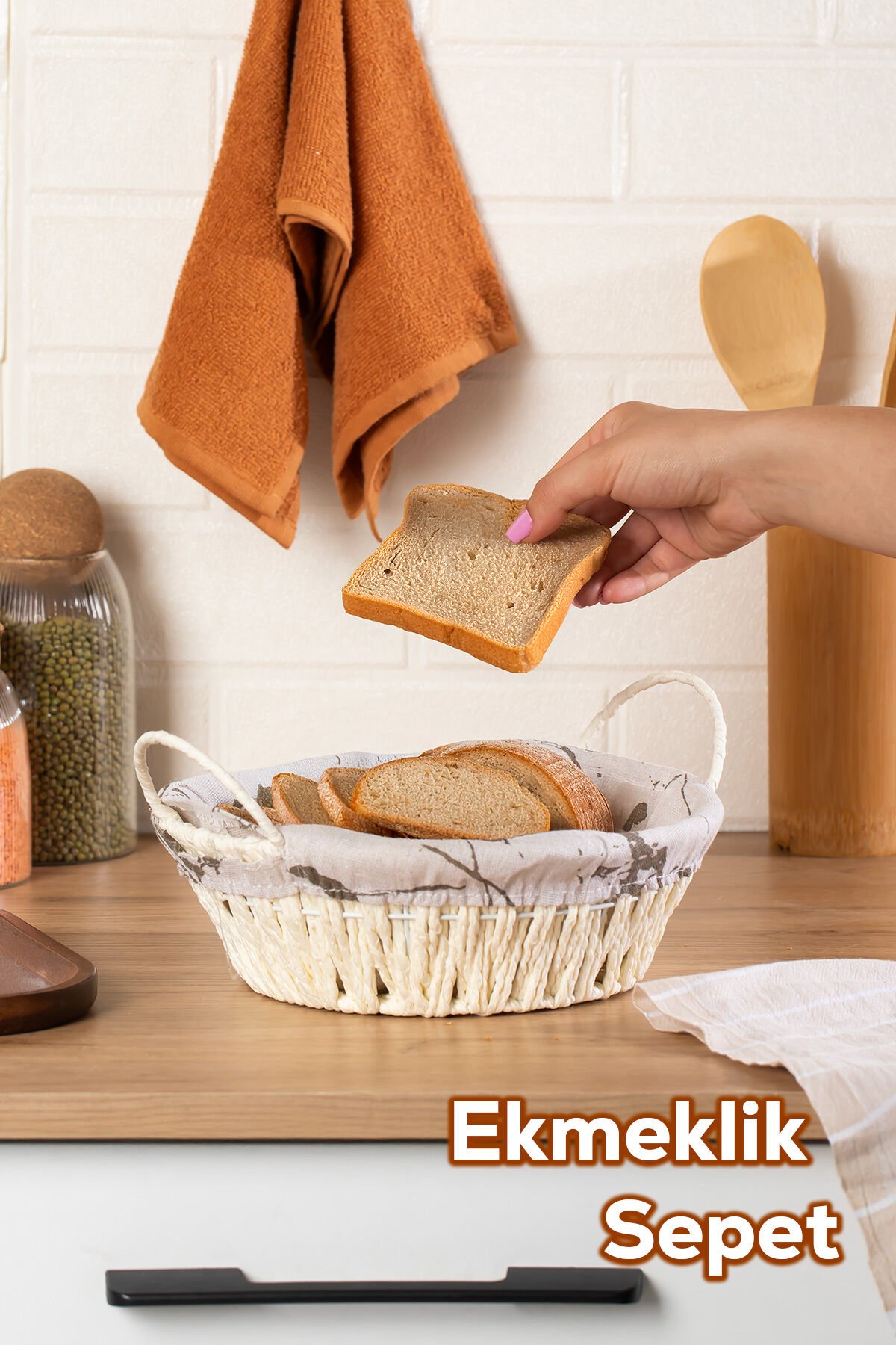 Porsima Mio-020 Hasır Görünümlü Kulplu Yuvarlak Ekmek Sepeti Beyaz 24,5cm