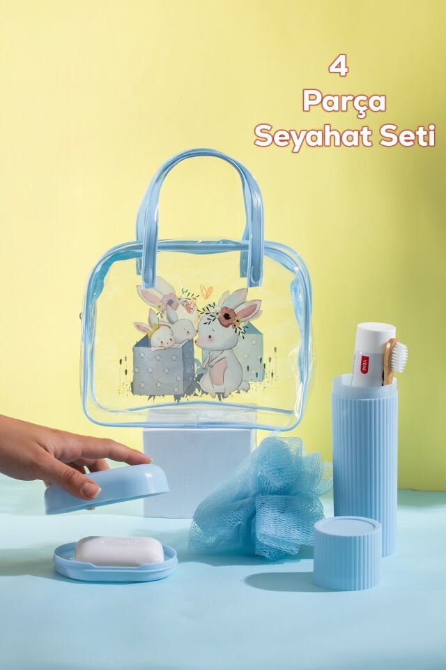 Porsima 3144 Tavşan Figürlü Seyahat Seti - Diş Fırçası Kutusu Banyo Lifi Sabun Kutusu Seyahat Çantası Mavi