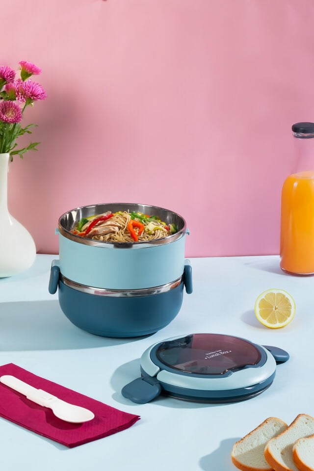 Porsima 66732 Vakumlu Lunch Box İki Katlı Paslanmaz Çelik Kolay Kilitlenir Kendinden Kaşıklı Sefer Tası