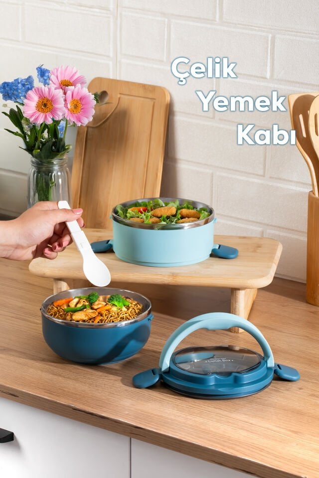 Porsima 66732 Vakumlu Lunch Box İki Katlı Paslanmaz Çelik Kolay Kilitlenir Kendinden Kaşıklı Sefer Tası
