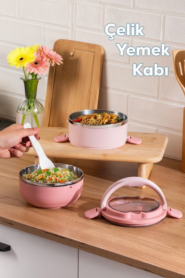Porsima 66732-1 Vakumlu Lunch Box İki Katlı Paslanmaz Çelik Kolay Kilitlenir Kendinden Kaşıklı Sefer Tası