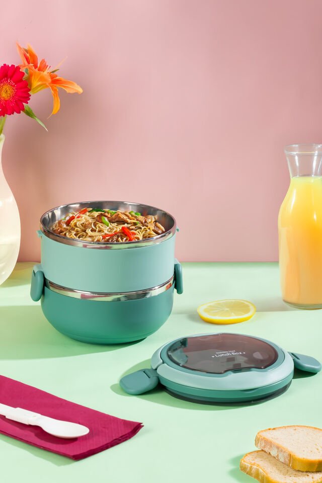 Porsima 66732-2 Vakumlu Lunch Box İki Katlı Paslanmaz Çelik Kolay Kilitlenir Kendinden Kaşıklı Sefer Tası